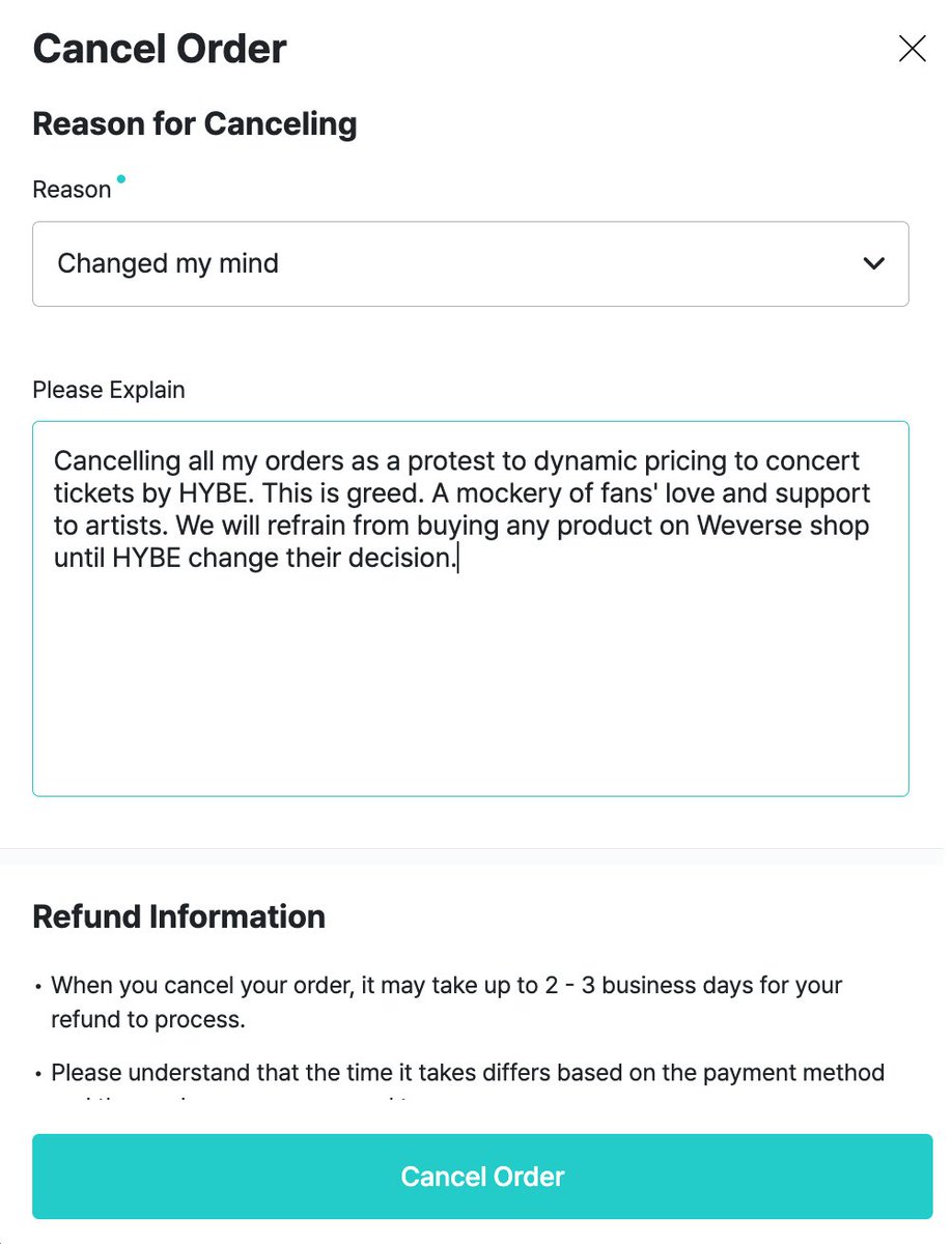 Don't have any pending order? Place an order for the cheapest item on Weverse shop and then immediately cancel it. When they ask for reasons, write that it is in protest to dynamic pricing. That we will not purchase any product until HYBE change their decision.

#NoDynamicPricing