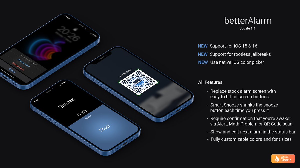 NoisyFlake (@noisyflake) on Twitter photo Update: betterAlarm 1.4 🥳
This update adds support for iOS 15, 16 and rootless jailbreaks, such as the newly released #Dopamine 
betterAlarm is available on Chariz: chariz.com/buy/betteralarm Update: betterAlarm 1.4 🥳
This update adds support for iOS 15, 16 and rootless jailbreaks, such as the newly released #Dopamine 
betterAlarm is available on Chariz: chariz.com/buy/betteralarm