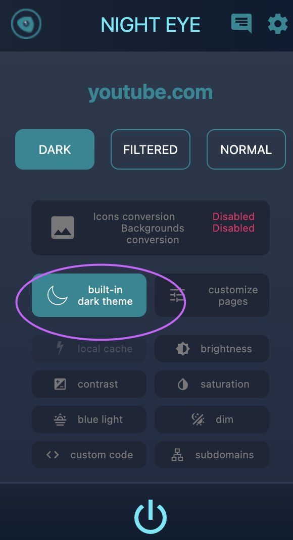nighteye_ext's tweet photo. There is an issue causing @YouTube to load forever. We are working on a fix and will push an update this week.

In the meantime, please go to YouTube, open Night Eye and disable the "built-in dark theme option" https://t.co/QE93YJeXAf
