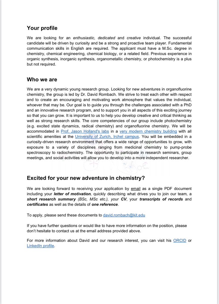 Wolfram Feuerstein (@74_feuerstein) on Twitter photo Interested in #organofluorine chemistry 🧪, compounds for #medchem #agrochemistry and functional #materials?
Join David Rombach <a href="/UZH_ch/">Universität Zürich</a> <a href="/HollandLab_/">HollandLab</a> . Contact him directly ch.linkedin.com/in/david-romba… or see details below👇👇👇
RT highly appreciated!
#postdoc #PhD #ChemTwitter Interested in #organofluorine chemistry 🧪, compounds for #medchem #agrochemistry and functional #materials?
Join David Rombach <a href="/UZH_ch/">Universität Zürich</a> <a href="/HollandLab_/">HollandLab</a> . Contact him directly ch.linkedin.com/in/david-romba… or see details below👇👇👇
RT highly appreciated!
#postdoc #PhD #ChemTwitter