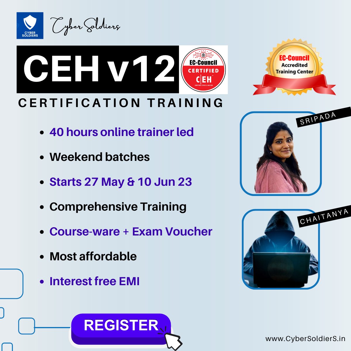 CyberSoldiers7's tweet photo. Want to start career in #infosec? Then #cehv12 Certified Ethical Hacking Certification  by #eccouncil is right choice. Chaitanya Y &amp; Sripada Manasa launch their Weekend Batch CEH v12 Certification Training on Cyber Soldiers. 
 
 📍 Register –  https://t.co/6GgkHSvean https://t.co/clIJ6xMLzH
