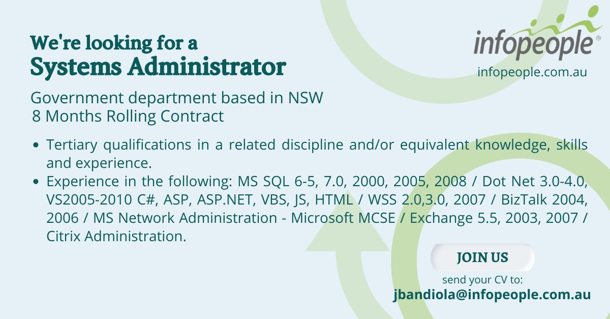 Infopeople is #hiring! 

If you’re looking for a new role, get in touch with one of our Service Delivery Specialists, Josie Bandiola at 0282274524 / jbandiola@infopeople.com.au OR visit our website at infopeople.com.au.

#hiring2023 #hiringnow #systemsadministrator