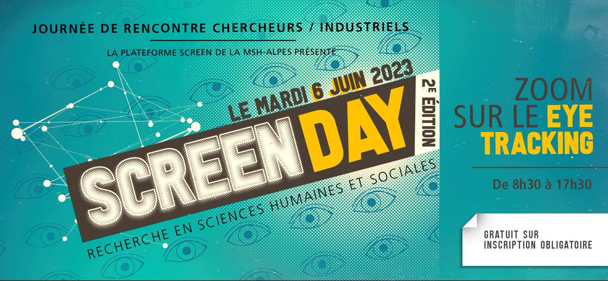 MSH_A's tweet photo. ❓ Vous êtes chercheur·se, enseignant·e chercheur·se en #SHS
👀 Vous vous intéressez à l’#oculométrie (#eyetracking) ou êtes curieux de savoir ce que c’est, ce que l’on peut en faire ?
📌 RDV #SCREENDay 2023, mardi 6 juin, MSH-Alpes (@UGrenobleAlpes) 
ℹ️ https://t.co/DBC1gBwMvO https://t.co/wsRiqHSr3J
