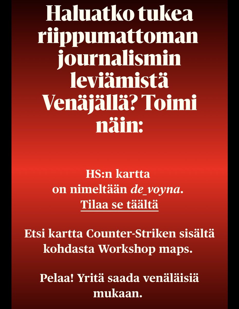 Lotta6sto's tweet photo. Tätä päivää voi juhlistaa jakamalla uutta karttaa Counter-Strike-peliin @hsfi #counterstrike #worldpressfreedomday #slavaukraini #helsinginsanomatnewsinrussian #pelaauudellakartalla #pysykartalla https://t.co/ikUTdcSK07