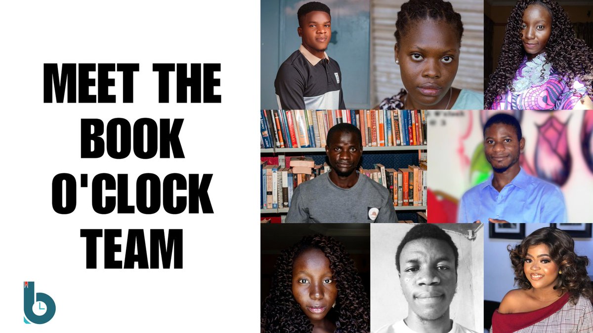 booko_clock's tweet photo. MEET THE TEAM

Director: @emelife_uc
Creative Director: @gushingtorrents
Communications Director: @Daalulog
Programmes Manager: @Mazeedulkhayr
Editor: @AyobamiKayode15 
Book Clubs Coordinator: @penokela_
Special Assistant: @_enokela 
Administrative &amp; Ed. Assistant: @SonOfNuhu https://t.co/HiuCn2Uemh