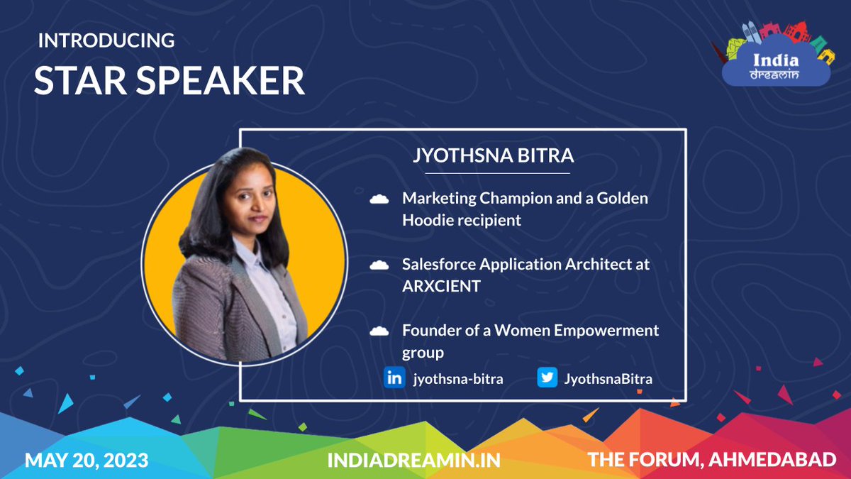 We are thrilled to announce our next🌟Star Speaker🌟 <a href="/JyothsnaBitra/">Jyothsna Bitra (JB)</a>   ☁ for India Dreamin’ 23. 
She will explain how to create personalized moments with Marketing Cloud Personalization.
Refer to blog for more: lnkd.in/dhX7TUpb
#IndiaDreamin23 #TrailblazerCommunity