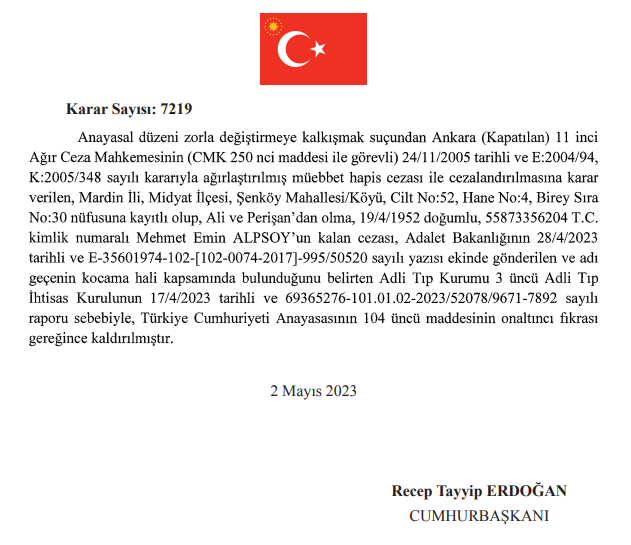 dokuz8haber's tweet photo. 🗳️ #Seçim2023 | Cumhurbaşkanı Erdoğan Hizbullah yöneticisini affetti.

👉 Erdoğan, Hizbullah yöneticisi olmaktan ağırlaştırılmış müebbet hapis hükmü giymiş olan M. Emin Alpsoy'un kalan cezasını "çok yaşlı olduğu" gerekçesiyle kaldırdı. https://t.co/rMZLX5D1vT