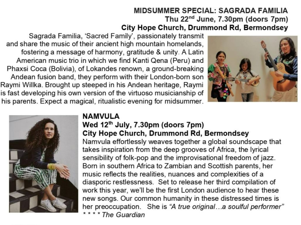 TunedInLDN's tweet photo. La Chinganera from #Chile - Thu 4th May @lontoonmerimeskirkko 7-9pm #SE16 - a reminder + news of @PulsarCL award nomination - & heads up about gigs to come this summer: @CiderHouseReb & @kirstymerryn, Sagrada Familia and @NamvulaSings https://t.co/OeD8ObwEaW https://t.co/0IlXRDkBrZ
