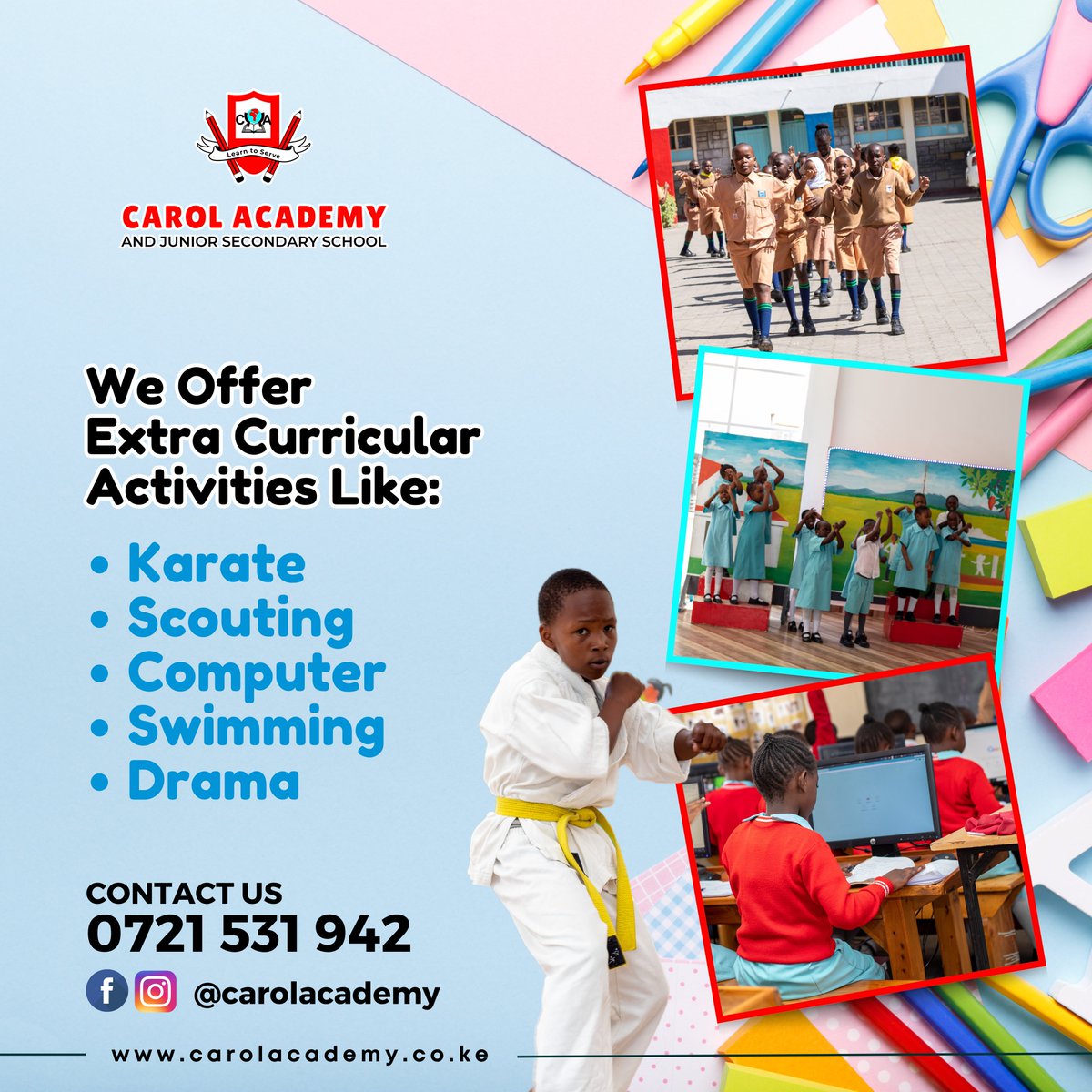 From kicking and punching to typing and swimming, our extracurricular activities give students the chance to learn new skills and discover their interests.
Contact us today:
📷 0721 531 942 (Primary School)
📷 0728 379 241 (Junior Highschool)
📷Biashara Race Track, Nakuru