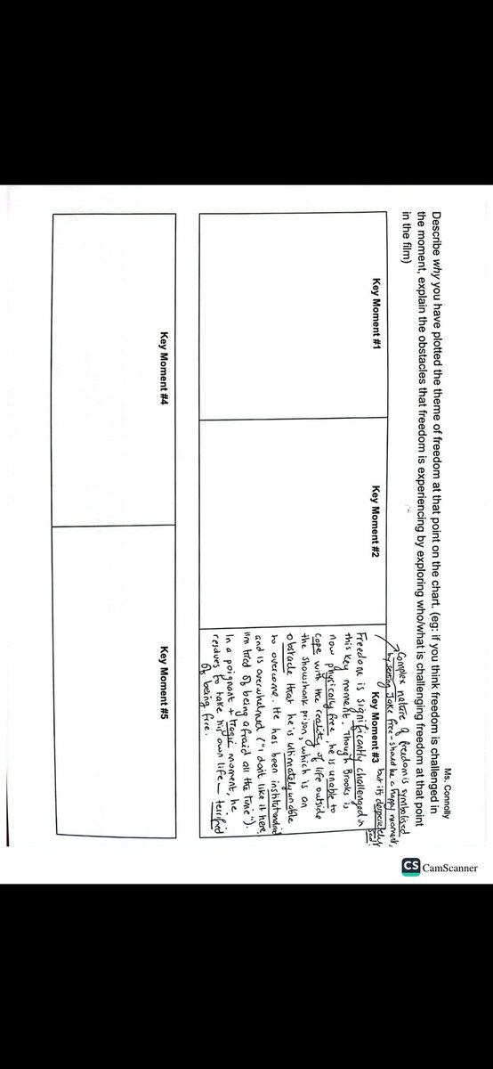 Megan_Connolly_'s tweet image. Plotting development of the theme of freedom in #comparative LC English film #theshawshankredemption' w/ 5th yr HL. They've already analysed the 5 key moments. 1st page helps them to visually track the trajectory of the theme. 2nd page - closer analysis with sample. #edchatie
