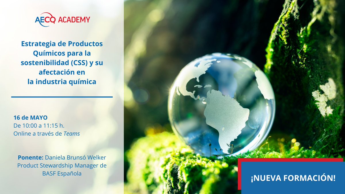 🚨 ¡Vuelve la #AECQAcademy!

🔈 La sesión tratará la Estrategia de Productos Químicos para la sostenibilidad (CSS) y su afectación en la industria química. La ponente será #DanielaBrunsó, Product Stewardship Manager de <a href="/BASF_ES/">BASF España</a>.

🗓️ 16 de mayo de 10:00-11:15
💻 Online