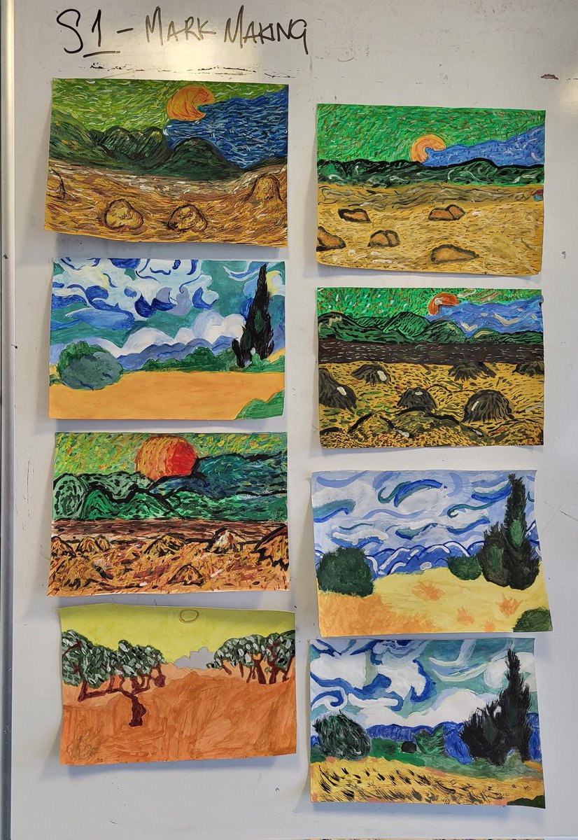mrs_maddocks's tweet photo. S1 exploring mark making by re-creating some famous van Gogh landscapes. #arteducation #loudounacademy https://t.co/B294SQCuBQ