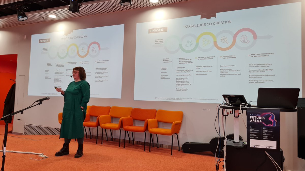 VanskaNea's tweet photo. Meri Kulmala from @helsinkiuni presents knowledge co-creation and how to move forward in power-sharing and equity in knowledge production @metropolia #FuturesArena2023 #OsallistuvaTKI @HYTKEtiimi https://t.co/IYcONWRNO4