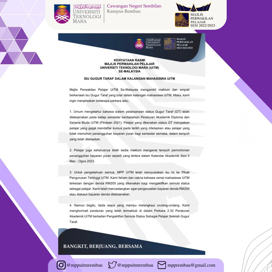 MPPUiTMREMBAU_'s tweet photo. Assalamualaikum wbt,
Salam Sejahtera,
Salam UiTM Dihatiku,
Salam Malaysia MADANI.

RABU | 3 MAY 2023 | AKADEMIK

𝐈𝐒𝐔 𝐆𝐔𝐆𝐔𝐑 𝐓𝐀𝐑𝐀𝐅 (𝐆𝐓) 𝐃𝐀𝐋𝐀𝐌 𝐊𝐀𝐋𝐀𝐍𝐆𝐀𝐍 𝐌𝐀𝐇𝐀𝐒𝐈𝐒𝐖𝐀 𝐔𝐢𝐓𝐌 https://t.co/naeAoaWqTR