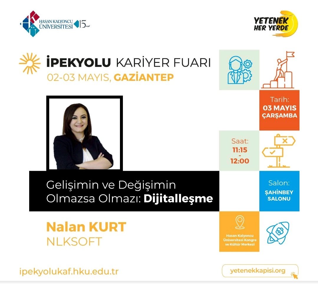 nalankurt's tweet photo. T.C. Cumhurbaşkanlığı İnsan Kaynakları Ofisi tarafından koordine edilen ve Hasan Kalyoncu Üniversitesi ev sahipliğinde, ''İpekyolu Kariyer Fuarı''nın konuğu olarak 'Gelişimin ve Değişimin Olmazsa Olmazı: Dijitalleşme'  konuşacağım. Bugün saat 11.15'te HKU'de görüşmek üzere 😊 https://t.co/LORIM0k0Ic