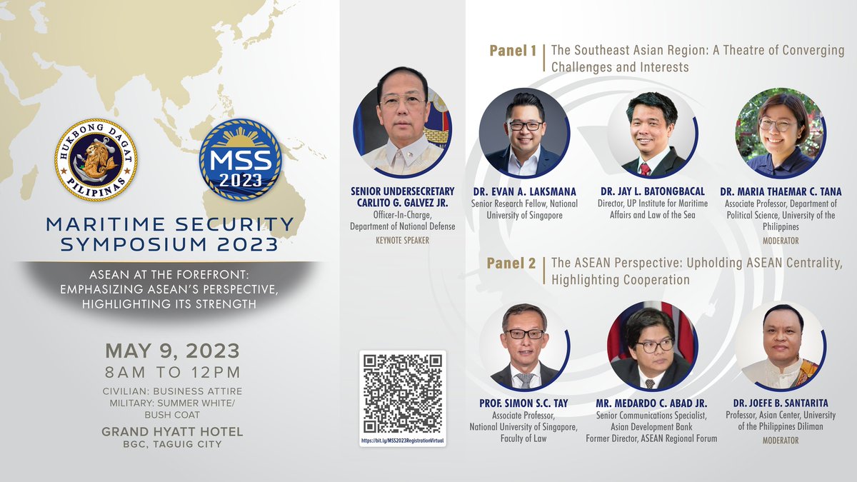 Join us for the much-awaited annual Maritime Security Symposium (MSS) happening on May 9, 2023! Be part of this important conversation and register now through the QR code below! #MSS2023 #17thANCM #125thPNAnniversary <a href="/Philippine_Navy/">Philippine Navy</a>
