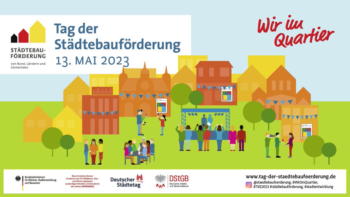 In ganz Deutschland feiern Städte und Gemeinden am 13. Mai 2023 unter dem Motto „Wir im Quartier“ den Tag der #Städtebauförderung. Über 500 Kommunen zeigen anlässlich des Aktionstages: Die Städtebauförderung wirkt - seit mehr als 50 Jahren.  
Programm:
👉 tag-der-staedtebaufoerderung.de/programm-2023