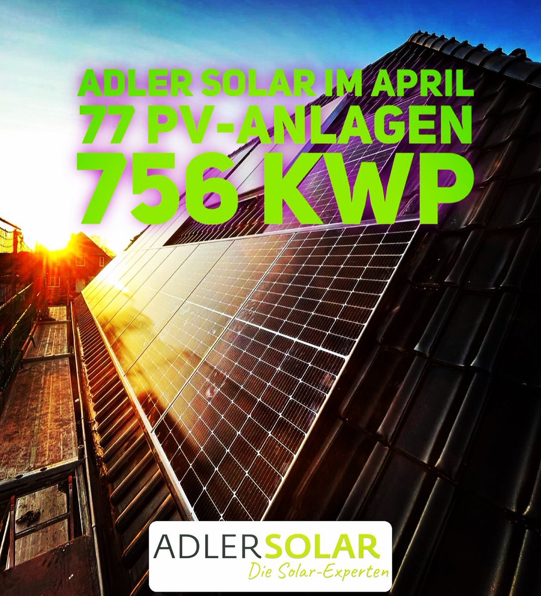 adlersolar's tweet photo. 77 neue Dächer mit #Photovoltaik erzeugen zusätzliche 756 kWp #erneuerbareEnergie. Das ist unsere Bilanz des April. 

#Solarexperten #ADLERSolar #Bremen https://t.co/goRLJ26vqe