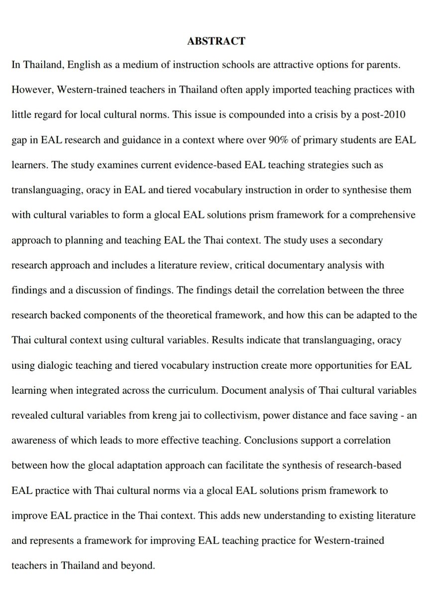 #edutwitter! Any ed #journal interested in publishing a #thesisreview on '#GLOCAL #ADAPTATION OF #RESEARCHBACKED #EAL #TEACHING #STRATEGIES IN #PRIMARY TO THE #THAI CULTURAL CONTEXT'?  Got distinction so may help other #EALeducators & #multilingual #learners out there. DM me.⏬️