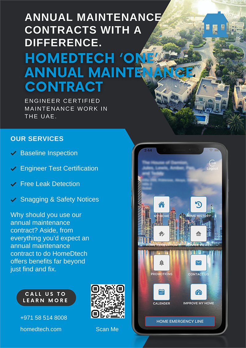 LeakDtech's tweet photo. Introducing the new ONE Annual Maintenance Contract from HomeDtech.

One free leak inspection, a home baseline, snagging, and safety notices, all managed and available through your phone. 

Speak/Whatsapp us today to learn more: +971 58 514 8008 https://t.co/AumnmzrYK5