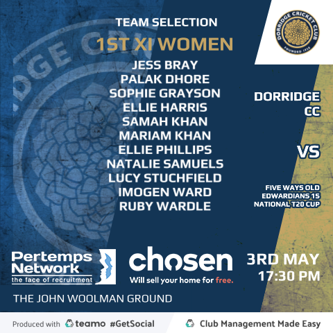 DorridgeCC's tweet photo. DCC 1st XI get their season underway tonight at the JWG against @FiveWaysCricket in the @ECB_cricket Women's Club Cup T20

#UTR #ClubNews #clubcricket #teamnews #cricket #ecb #t20 #pertemps #ChosenHome https://t.co/4hSEqYJ4Jc