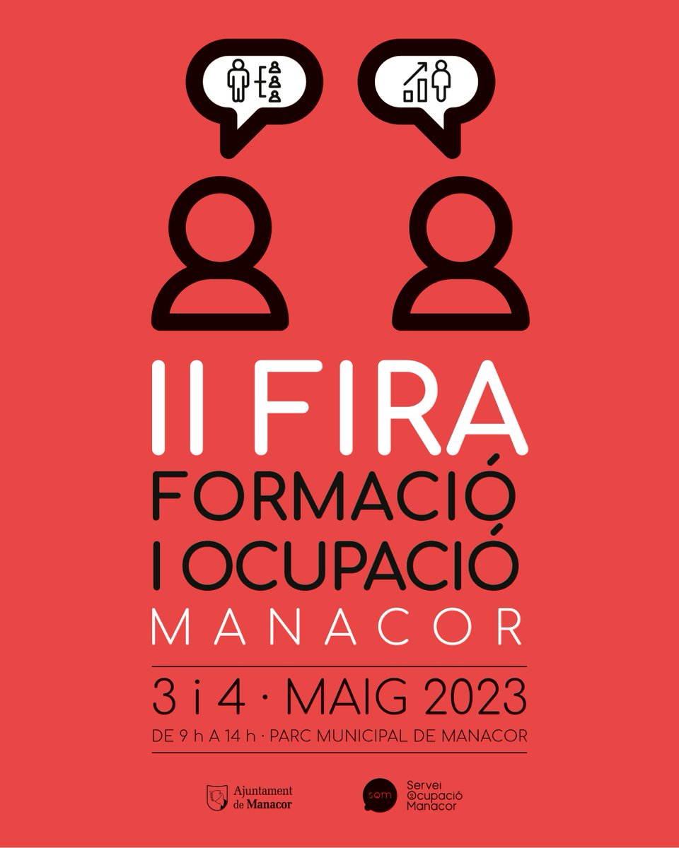 ajManacor's tweet photo. ☝️ La II Fira de la Formació i l’Ocupació reuneix avui i demà 9 instituts, 20 empreses i 28 entitats que es dediquen al foment de l’ocupació  i oferirà 180 llocs de feina!

📅 De 9 h a 14 h al Parc Municipal.

ℹ️ Tota la informació: https://t.co/CzTmgAm9Nf
.
.
.
#FeimPoble https://t.co/Et7JEoRiCG