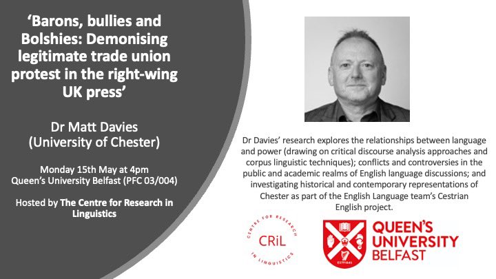 CRiL_QUB's tweet photo. Next up in our seminar series we have Dr Matt Davies, Senior Lecturer in English Language at The University of Chester. All welcome and please share! https://t.co/7sWA753x6z