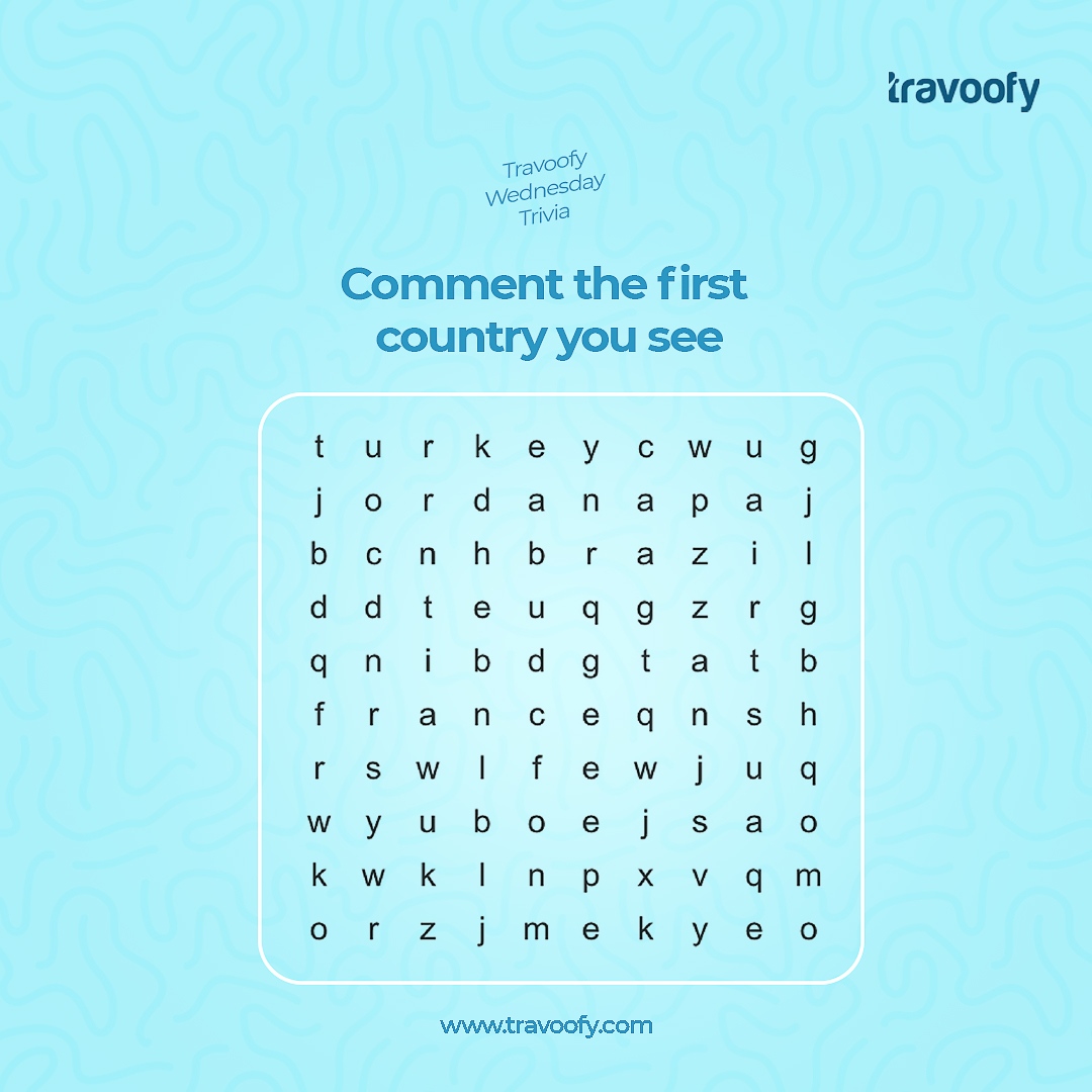 Are you a geography buff? Put your skills to the test with our country word search puzzle game! See how many countries you can find.

#CountrySearch#CountryDiscovery#GeographyChallenge#CountryPuzzle#travoofywednesdaytrivia