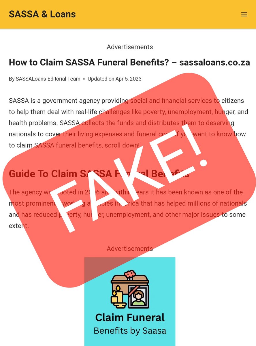 OfficialSASSA's tweet photo. Please be alert of the below fake information which does not come SASSA. The agency does not offer any funeral benefits. #SASSACARES @GovernmentZA @The_DSD @GCISMedia @nda_rsa @Postbank_ZA https://t.co/e4cg0dU99W