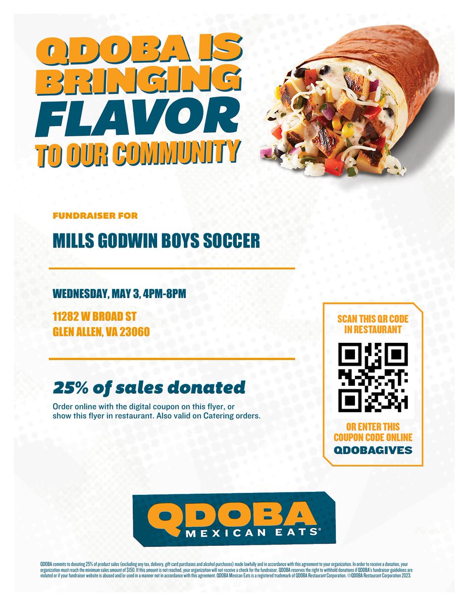 Join us tonight for Godwin Soccer Spirit Night at QDOBA! 🦅⚽️🌮
