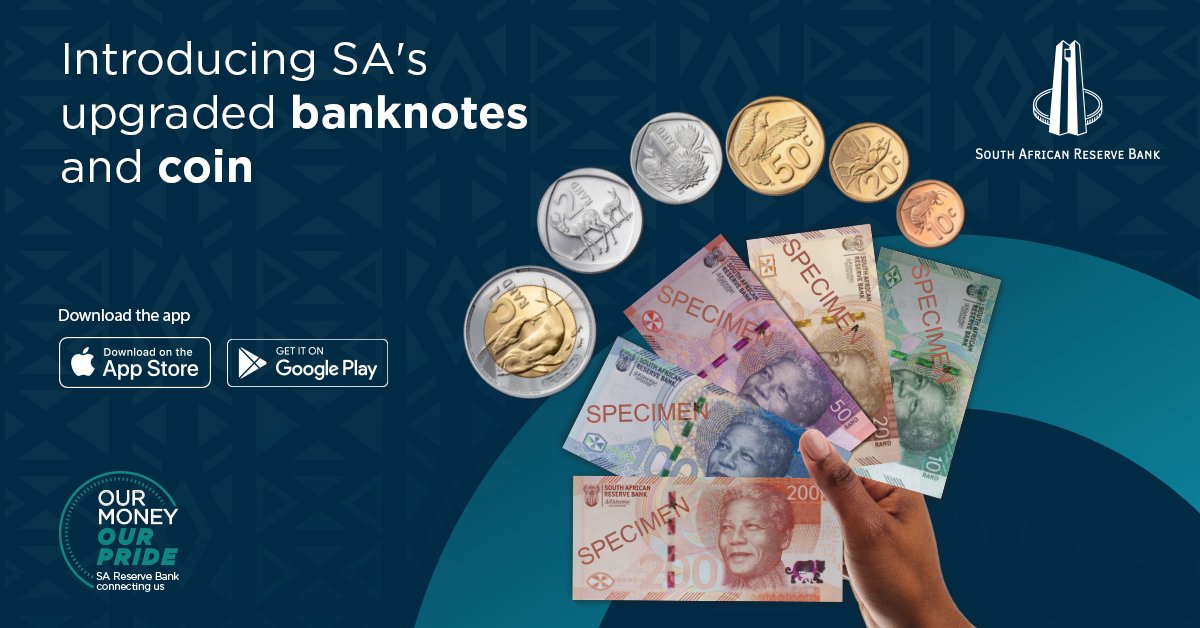 SAReserveBank's tweet photo. The South African Reserve Bank has upgraded the country’s banknotes & coin with enhanced security features & new designs celebrating our heritage. We have added the SA flag, preamble to our Constitution in micro-lettering and the Big 5 depicted as a family. The deep ecology theme of the 4th decimal coin series celebrates our interconnectedness with other living organisms. Click here for more:https://t.co/sKuirhz1Fb