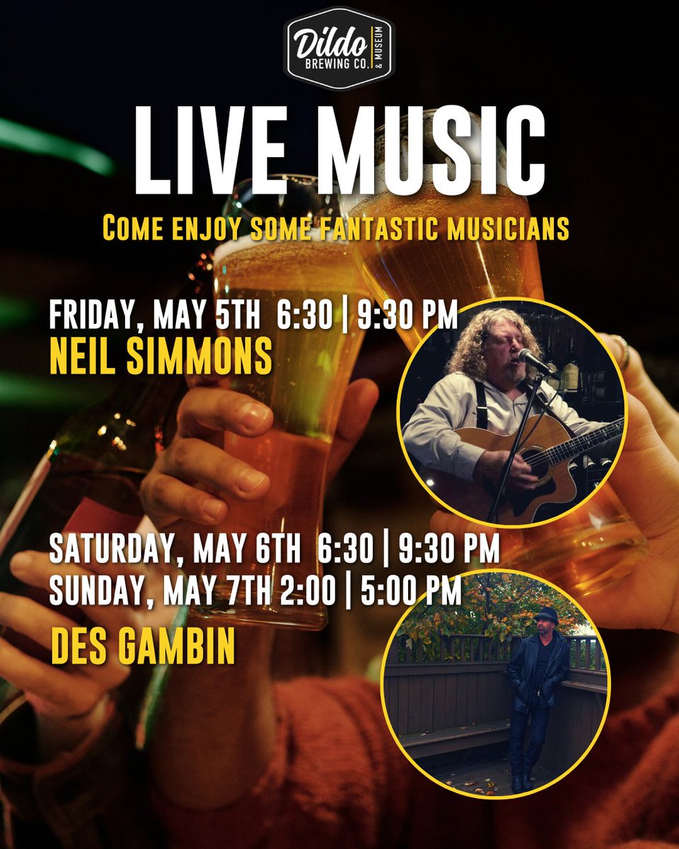🎶Join us on Friday, May 5th from 6:30pm to 9:30pm for a night of great music featuring Neil Simmons. On Saturday, and Sunday afternoon we're excited to welcome the talented Des Gambin to our taproom from 6:30pm to 9:30pm, and Sunday from 2pm to 5pm!
