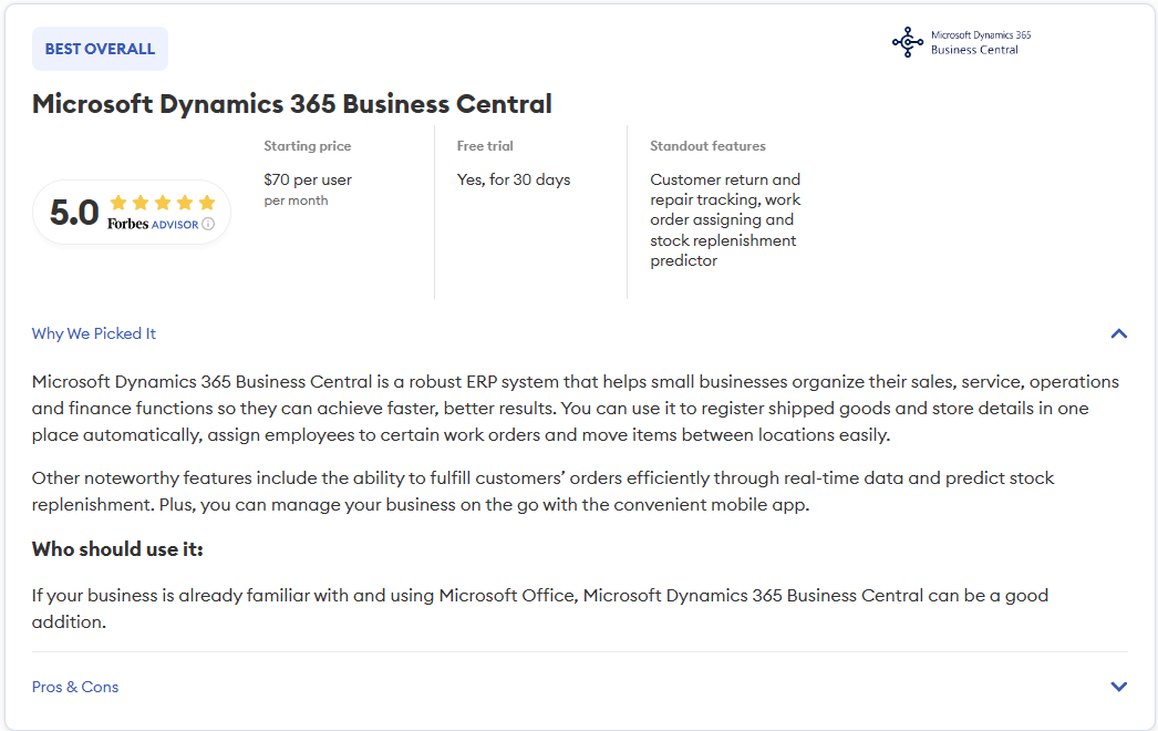 #MSDyn365BC rated "Best Overall" ERP System of 2023 by the #Forbes Advisor Small Business team? Yup,⭐️⭐️⭐️⭐️⭐️, no less 🥳
Thanks @KennieNP for making me aware of these news. They made my day 🤗Details here: forbes.com/advisor/busine….
Now back to work, to increase the lead 😎