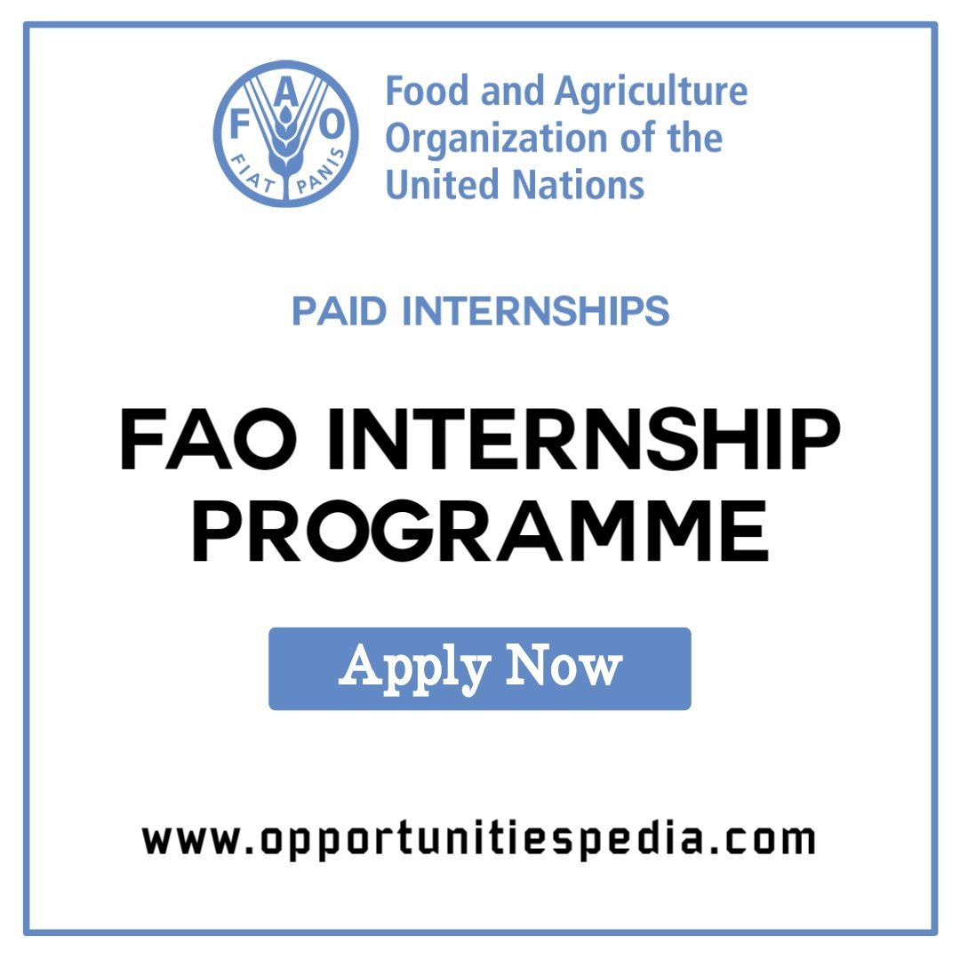 Opedia3's tweet photo. FAO Internship Programme 2023

Details: https://t.co/G3yI8GlrIR

Open to All Applicants from any Country.

Students, enrolled in an undergraduate or postgraduate degree program or recent graduates can apply.

Benefits:
$700/Monthly Stipend
Health/Medical Coverage https://t.co/UwTrAR1Glh