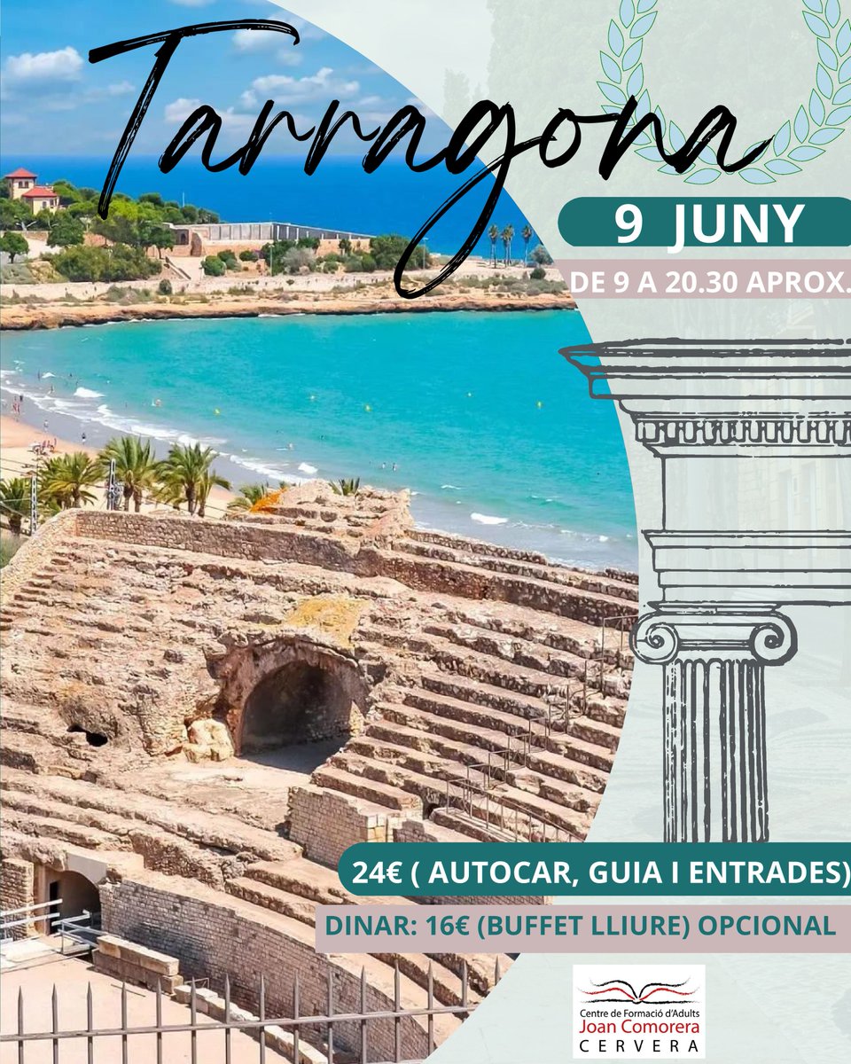 cfacervera's tweet photo. Sortida a Tarragona. 9 de juny, tot el dia. Al matí, visita guiada cultural: circ, amfiteatre, etc. Dinar de buffet i tarda lliure. https://t.co/XNrx9Zu74H
