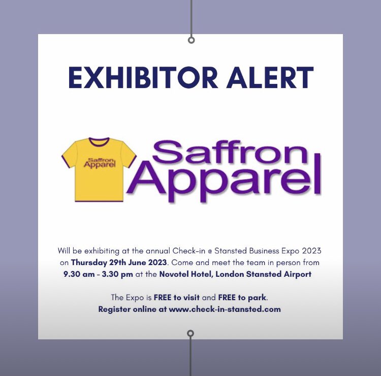 Welcome <a href="/SaffronApparel/">SaffronApparel</a> who will once again be returning as an #exhibitor on Thurs 29 June. 

Come along and meet the team and see what #promotionalmerchandise the business can offer you.

More details regarding the #exhibition can be found here: check-in-stansted.com