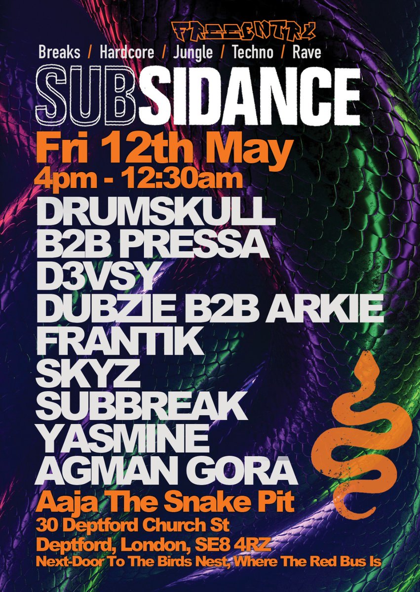 Subsidance's tweet image. Subsidance are back at it in the @Aajamusic Snake Pit in a couple Friday&apos;s time (12/5/23).

@Drumskull_  &amp;amp; @JoePressa new EP drops the same day so they&apos;re going b2b to celebrate and are backed by some familiar faces! 

This is a FREE ENTRY affair!

#breaks #bass #hardcore #jungle