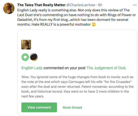 EnglishLady15's tweet photo. So, our friend @CharlesLarrivee, as proof he is not obsessed with Morfydd Clark decided to say that my comment on his review of a movie ..... resulted from my hatred of Rings of Power. 

Couldn't possibly be anything else. #RingsOfPower #shils https://t.co/GsRPpFop4p
