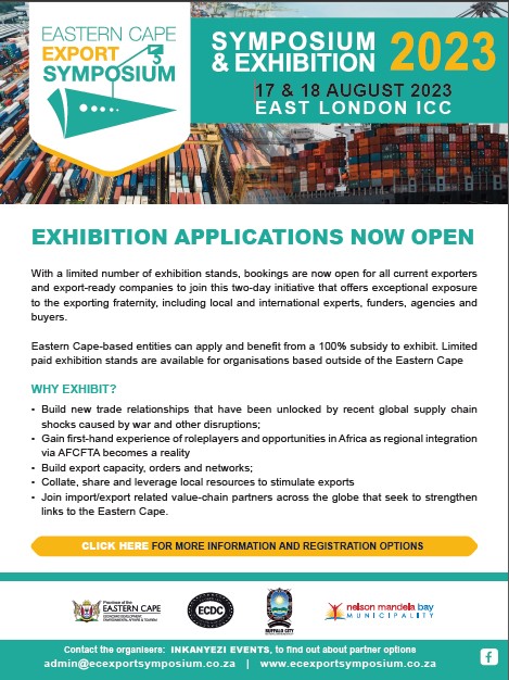 Bay_Chamber's tweet photo. The Eastern Cape Development Corporation brings to you the 5th Eastern Cape Export Symposium. It's part of ECDC’s commitment to grow the province’s contribution to global markets. @ecdc_developec @InkanyeziEvents @NMandelaBaymuni @OfficialBCMM
#ExportSymposium
#ECDC
#NMBBC https://t.co/oWAl0q5ts7