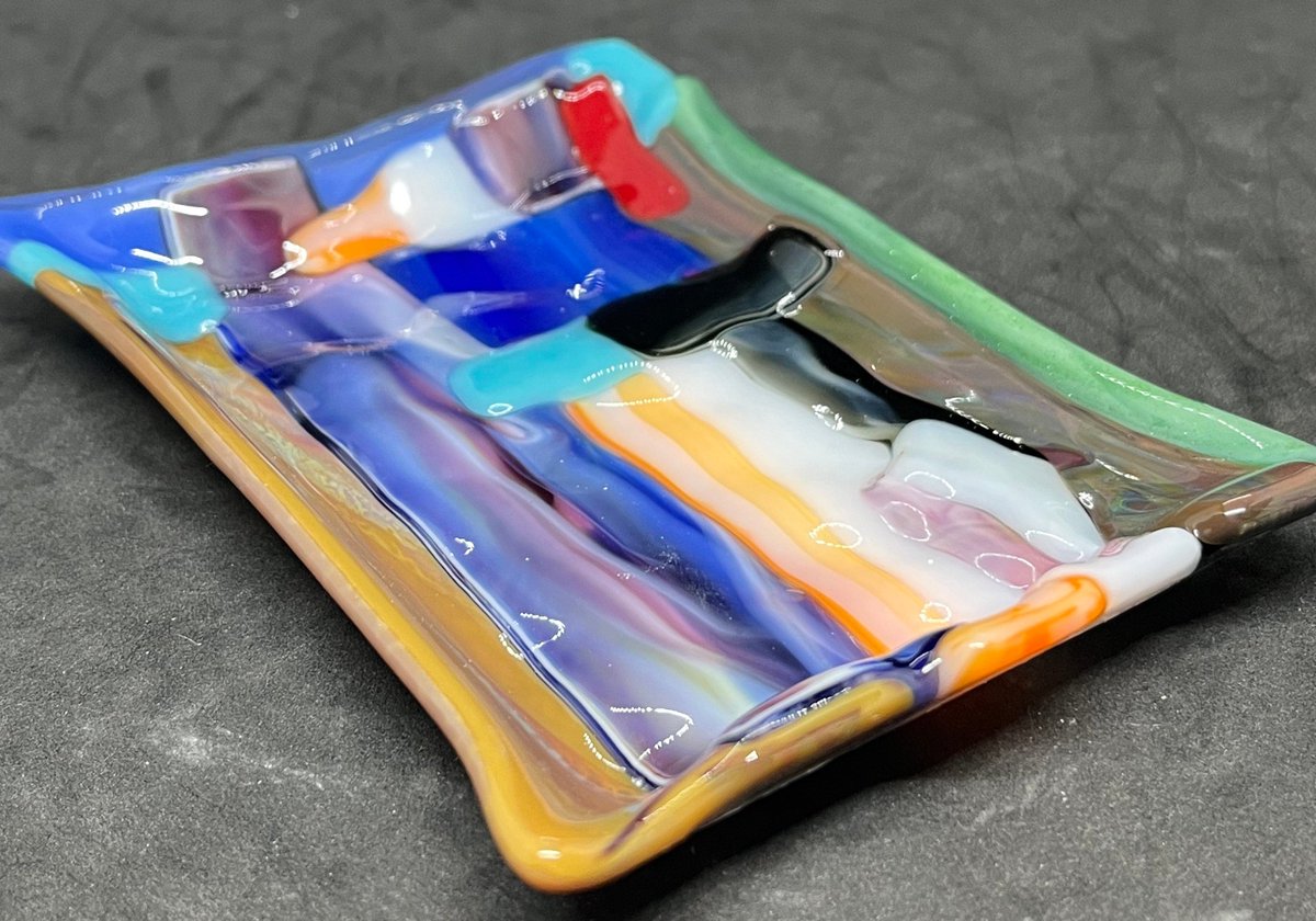 Hotel California; Modern Fused Art Glass rectangular soap dish with blue, orange, yellow, green, and white etsy.me/42lxsVs #rainbow #fusedglass #veteranmade #madeinoklahoma #glassdish #modernstyle #glasssoapdish #kilnformedglass #multicolorsoapdish