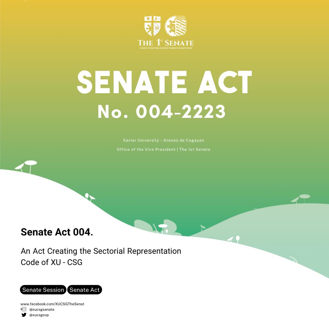 xucsgovp's tweet photo. READ]

SENATE Act NO. 004-2223

An Act Creating the Sectoral Representation Code of XU-CSG

#KaCSG
#XavierAteneo
#ComeAlong
#CatchTheSun https://t.co/lIcM86OZbd