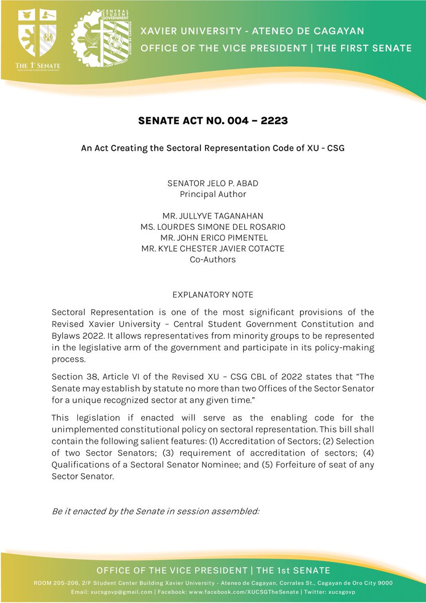 xucsgovp's tweet photo. READ]

SENATE Act NO. 004-2223

An Act Creating the Sectoral Representation Code of XU-CSG

#KaCSG
#XavierAteneo
#ComeAlong
#CatchTheSun https://t.co/lIcM86OZbd