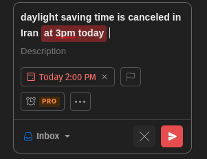 javaded's tweet photo. @todoist In case you don't know,  Iran cancelled daylight saving time from 22 September 2022. 
If you fix this problem it will be convenient! Thanks. https://t.co/UTkeJ6MUBt