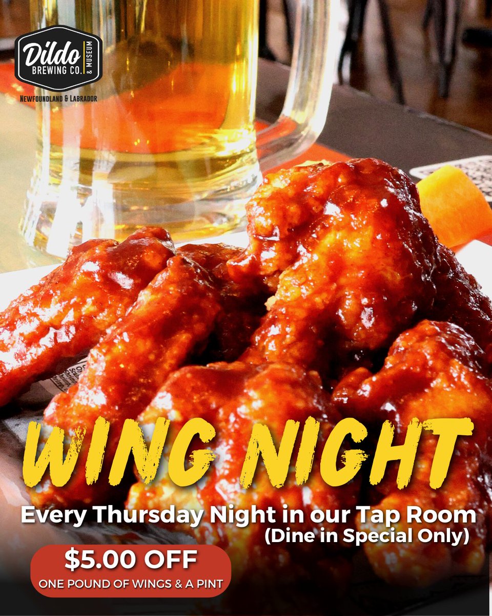 It's Wing Night at the Dildo Brewery! 🍗🍺 Enjoy $5 off one pound of wings and a pint of your favourite Dildo brew on tap. Treat yourself to some scrumptious wings in a variety of flavours. Join us tonight and indulge in the best wings in town! 🍗🍺