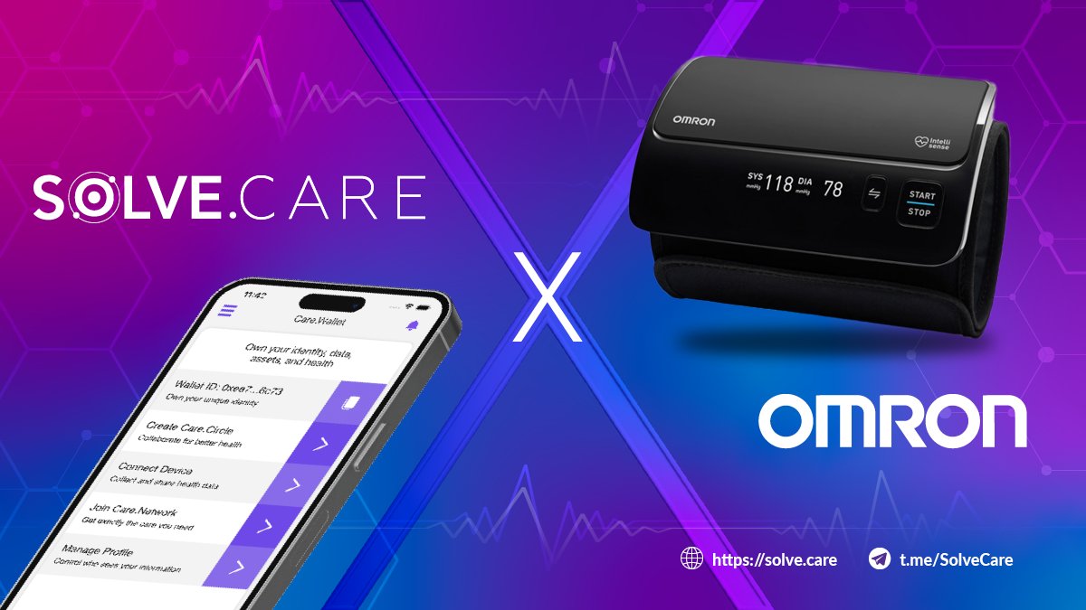 Time for our great reveal!

Welcome OMRON #Healthcare to the #SolveCare ecosystem!

Users will be able to store their BP data in their decentralized Care.Vault using Care.Wallet and share directly with doctors and loved ones.

Press release at bit.ly/40U1JcI

$SOLVE