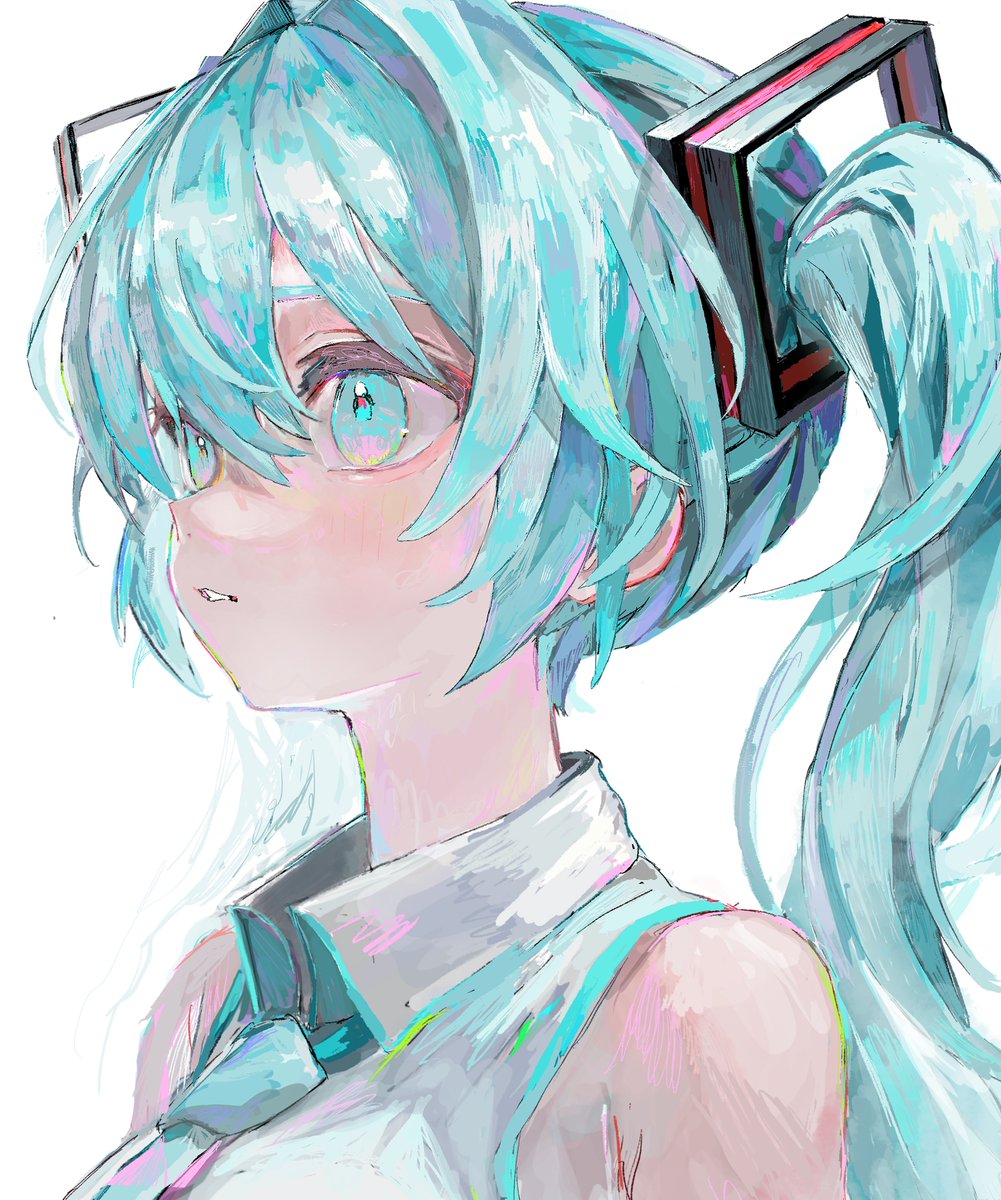 hatsune miku 1girl solo twintails necktie white background long hair shirt  illustration images