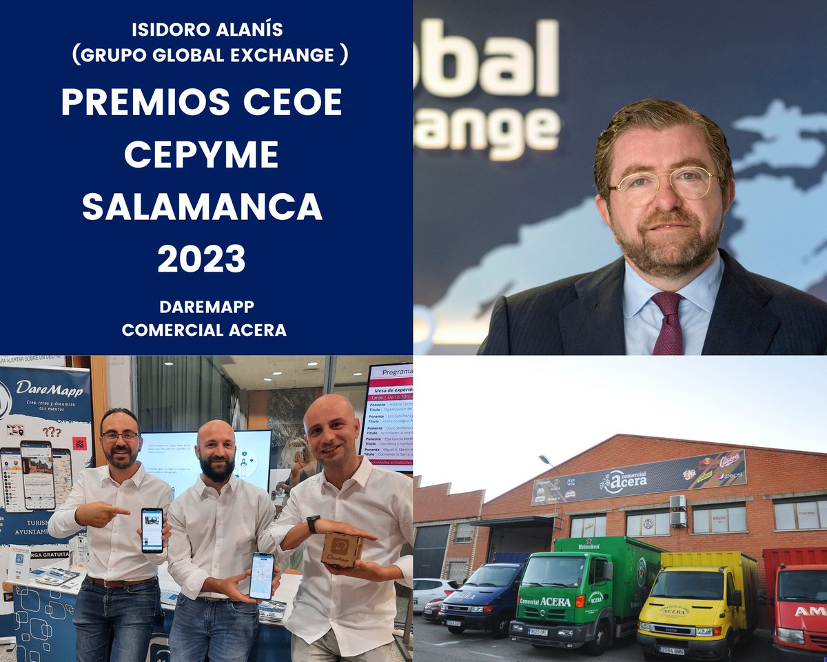 Nuestros #premiosceoecepymesalamanca reconocen esta edición a  Isidoro Alanís (Global Exchange), <a href="/daremapp/">DareMapp</a>  y Comercial Acera
Toda la info: bit.ly/41X8V97
