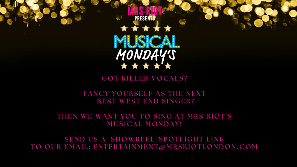 ✨SEARCHING FOR TALENT✨

Got killer vocals? Want to sing in the best bar in Covent Garden? 

🥂Send us footage - entertainment@mrsriotlondon.com