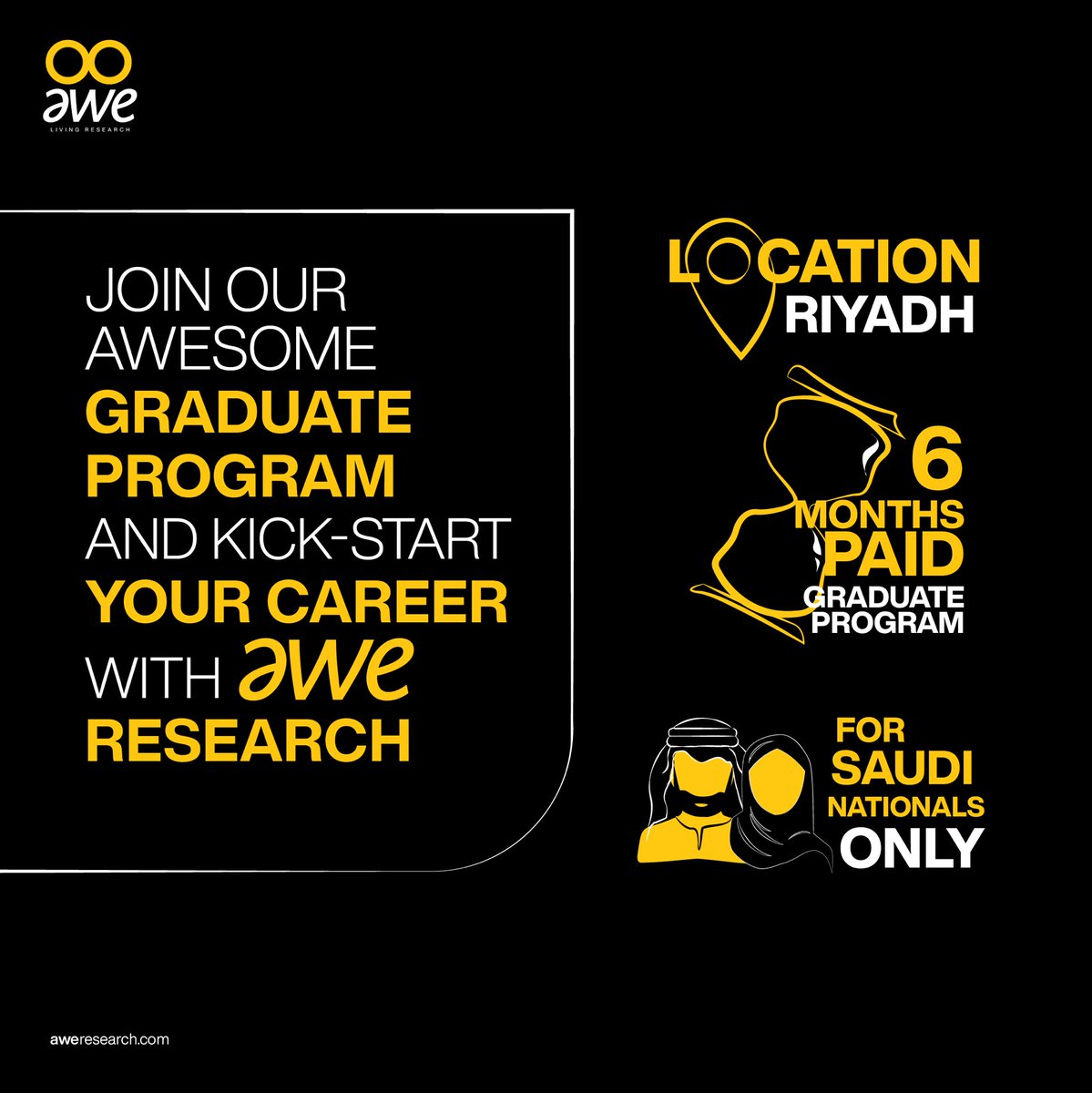 AweResearch's tweet photo. Are you a #Saudi national, based in #Riyadh, with a passion for research?
 
We are offering a 6-months paid graduate program that will offer you the experience and exposure to unleash your potential and work on a diverse portfolio of clients and projects in KSA. https://t.co/88sAV0TkRU