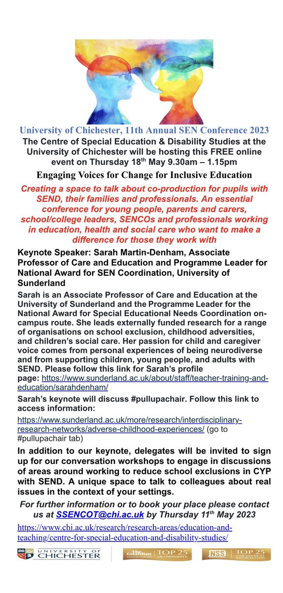 Nearly time for the 11th annual special education conference @ChiuniEdu on 18th May 9.30-1.15 ONLINE and FREE. We are creating space to talk about co-production for pupils with SEND, their families and professionals. Plus brilliant keynote @BlogSenco. Join us! SSENCOT@chi.ac.uk
